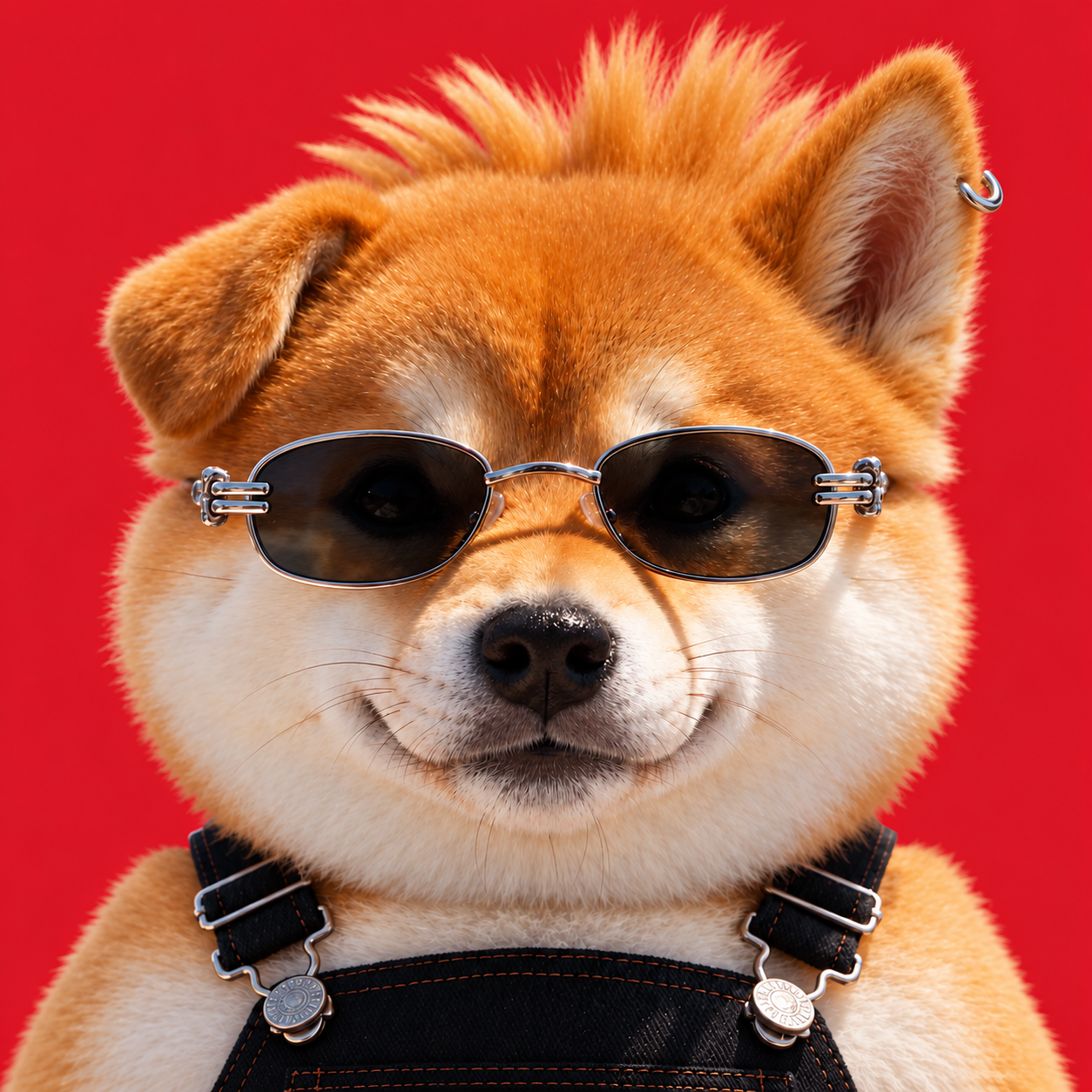 FEELINU with one upright pierced ear, spiky hair and sunglasses against red